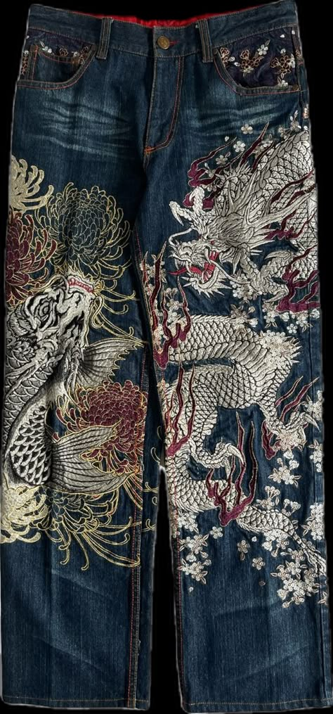 Dragon Aesthetic Outfit, Dragon Pants Outfit, Y2k Embroidered Jeans, Dragon Print Outfit, Dragon Pants, Dragon Embroidery Jeans, Dragon Jeans, Japanese Jeans, Chinese Dragon Jeans