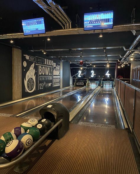 #bowling #birmingham #lane7 Indoor Bowling Alley Home, Bowling Alley In House, Bowling Room, Indoor Bowling Alley, Billiards Room Decor, Alley Ideas, Home Bowling Alley, Gym Architecture, Bowling Lane