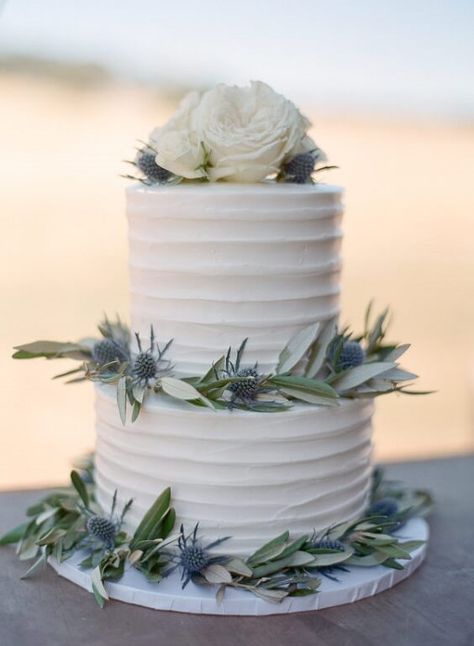 Small Dusty Blue Wedding Cake, Wedding Cakes Dusty Blue, Thistle Wedding Cake, Wedding Cake Dusty Blue, Soft Blue Wedding, Heather Wedding, Thistle Wedding, Green Wedding Cake, Blue Barn