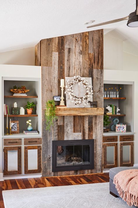 Fireplace Makeovers, Stone Fireplace Wall, Red Brick Fireplaces, Rustic Fireplace Mantels, Rustic Fireplace, Fireplace Facade, White Fireplace, Farmhouse Fireplace, Rustic Fireplaces