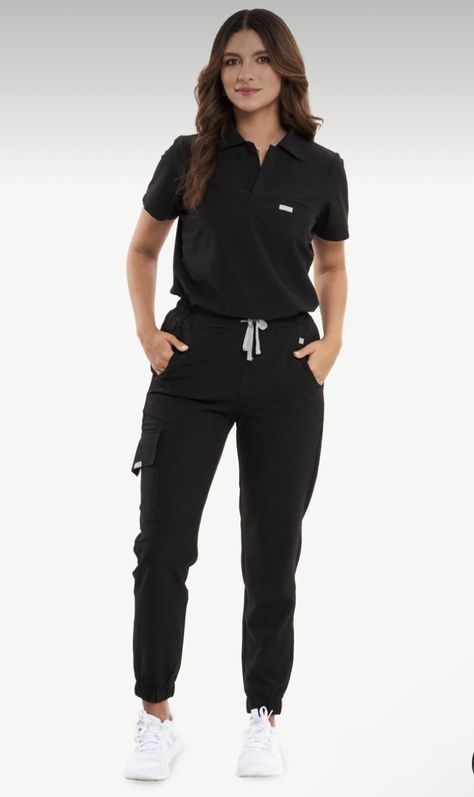 Medical Assistant Outfit Scrubs, Black Scrubs Outfit Cute, Scrubs Uniform Cute Medical, Hotel Uniform Receptionist, Salon Uniform Ideas, Scrubs Outfit Ideas, Esthetician Uniform, Scrubs Uniform Cute, Scrubs Aesthetic