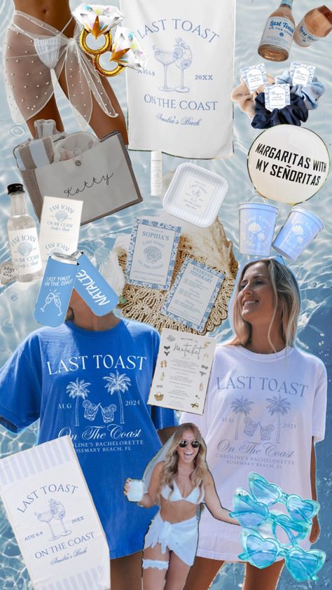 Last Toast on the Coast Bachelorette Theme - coastal vibes for the beach bride 🌊 Bachelorette Party Beach Theme, Toast On The Coast Bachelorette, Beach Bach, Bachelorette Inspo, Bachelorette Beach, Last Toast On The Coast, Toast On The Coast, Bachelorette Planning, Bachelorette Theme