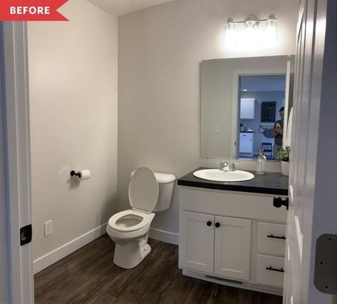 Before and After: A $200 Bathroom Transformation Done in a Weekend | Apartment Therapy Main | Bloglovin’ Chic Powder Room, Half Bath Makeover, Best Wall Colors, Modern Powder Rooms, Backyard Guest Houses, Bath Makeover, Bathroom Transformation, Builder Grade, Half Bathroom