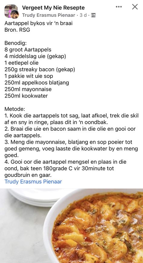 Aartappel Resepte, Vegetable Dishes Recipes, Simple Ingredient Recipes, Pork Chop Recipes Baked, Potato Bake, Best Bread Recipe, Veg Dishes, Potato Side Dishes, Air Fryer Recipes Healthy