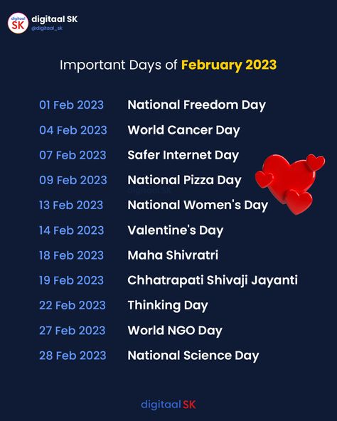 Here is the list of Important Days in February 2023 😃 Save and share it with your friends, digital marketers, and designers . . #digitaalsk #february #february2023 #ValentinesDay #mahashivratri2023 #mahashivratri #holidayslist #digitalmarketingagency #digitalmarketers #momentmarketing #marketingideas #digitalmarketingstrategy #strategy #february30 #digitalmarketingbignners #client #clientrejection #calender #festivalcalendar #februarycalendar #digitalmarketingcalendar Important Days In February, Internet Day, February Calendar, Days In February, February 2023, Digital Marketing Strategy, Digital Marketing Agency, Bulletin Boards, The List