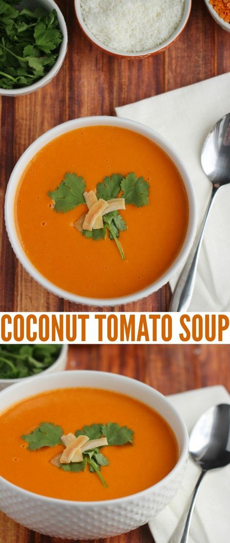 Coconut Tomato Soup Tomato Coconut Soup, Peach Delight, Pecan Crust, Quick Soup, Pecan Cheesecake, Frugal Mom, Red Lentils, Coconut Soup, Soup Recipes Slow Cooker