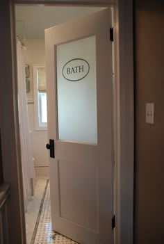 Vintage Modern Bathroom - love the frosted glass door! Glass Bathroom Door, Vintage Modern Bathroom, Dark Basement, Frosted Glass Door, Bad Inspiration, Room Door Design, Bathroom Door, Basement Remodel, Trendy Bathroom