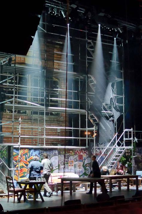 RENT scaffolding set Scaffolding Set Design, Scaffolding Stage Design, Rent Musical Set Design, Rent Set Design, Rent Musical, Set Theatre, Mr Burns, Theatre Lighting, Stage Set Design