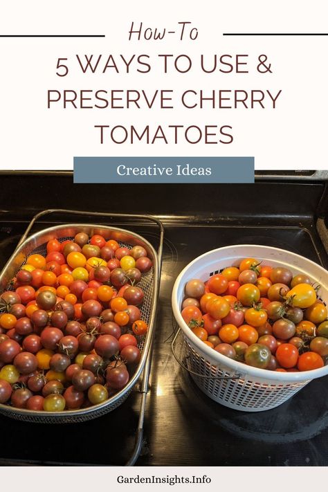 Cherry tomatoes are great for fresh eating, but only up to a point. For the past few weeks, I have been picking close to 10 pounds of cherry tomatoes per day. Keeping up with that volume requires a bit of creativity. Discover 5 ways I've been using and preserving an abundance of cherry tomatoes. What To Do With All My Cherry Tomatoes, Use Up Cherry Tomatoes, Abundance Of Cherry Tomatoes, Ways To Use Up Cherry Tomatoes, How To Use Frozen Cherry Tomatoes, Recipes To Use Up Cherry Tomatoes, Extra Cherry Tomatoes, Ways To Use Cherry Tomatoes, Canned Cherry Tomatoes Recipes