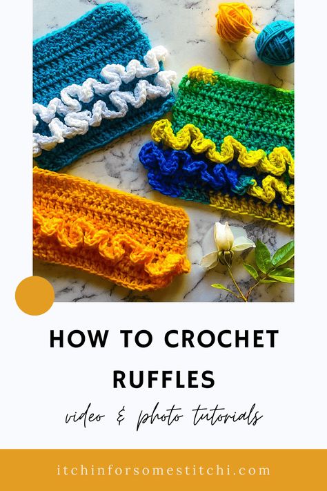 Learn how to crochet ruffles in this easy free video and photo tutorial. Perfect for edgings on blankets, garments, and more! Ruffle Border Crochet, Ruffles Tutorial, Crochet Ruffles, Blanket Borders, Crochet Blanket Stitches, Ruffle Crochet, Crochet Bloggers, Modern Crochet Blanket, Crochet Edgings