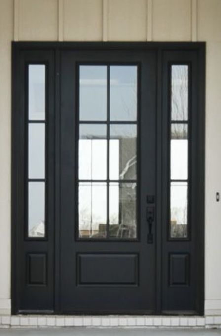 Black Metal Front Door Entrance, Black Front Doors Exterior, Southern Exterior, Glass Front Entry Doors, Double Patio Doors, Black Exterior Doors, French Front Doors, Front Door Inspiration, Green Window