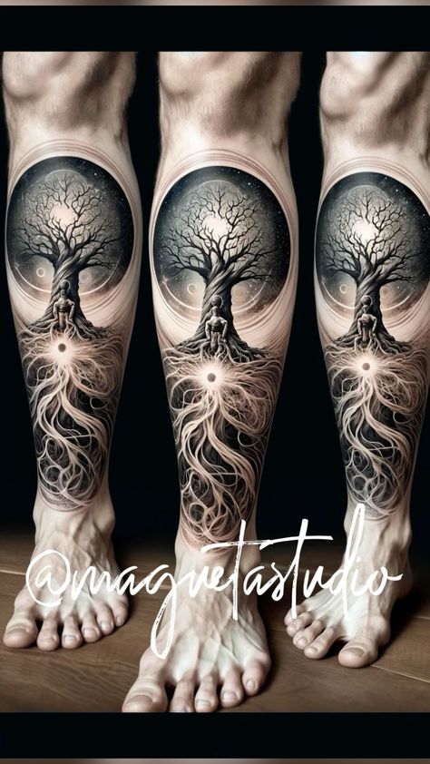 Tree Of Life Tattoo Viking, Tree Of Life Sleeve Tattoo, Viking Tree Of Life Tattoo, Polynesian Leg Tattoo, Yggdrasil Tattoo, Viking Tattoos For Men, Viking Tattoo Sleeve, Nature Tattoo Sleeve, Majestic Tree