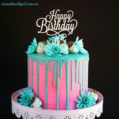 Electric pink and teal buttercream cake. A tall cake dripping with decadent white chocolate ganache. Chocolate covered strawberries and fresh flowers were used to decorate. White Happy Birthday acrylic cake toppers are also available for purchase. for details, e-mail me at shop@rosiesdessertspot.com #cake #decorating #buttercream #tall Drippy Cakes, Ganache Cake, Girly Cakes, Drizzle Cake, Beautiful Birthday Cakes, Drip Cake, Cool Cakes, Drip Cakes, Birthday Cake Decorating