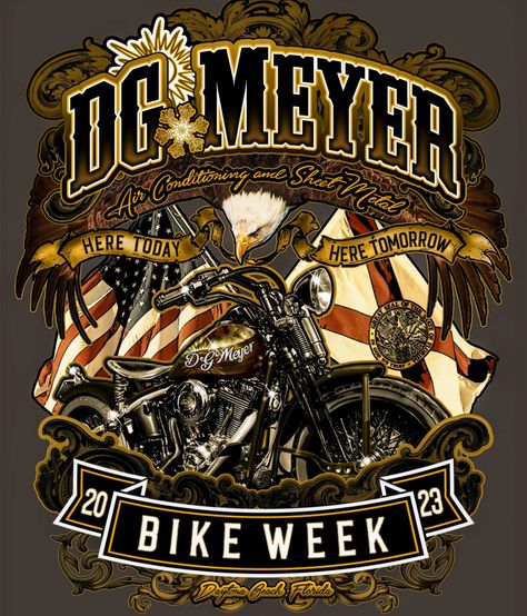 Bike Week 2023 It’s that time of the year again. This is the week that D.G. Meyer reveals its newest Bike Week Tee Shirt Design. The 82nd annual Daytona Bike Week... Bike Week Daytona, Daytona Bike Week, Custom Design Shirts, Bike Week, March Madness, Vintage Motorcycles, Tee Shirt Designs, Daytona Beach, Event Calendar