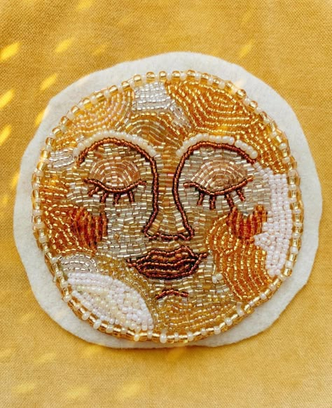 Moon Bead Embroidery, Sun Bead Embroidery, Millie Amber, Beaded Moon, Sun Embroidery, Moon Embroidery, Embroidery Beaded, Diy Bead Embroidery, Tambour Embroidery