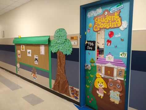 Animal Crossing theme classroom decoration, classroom door Door Decorations Classroom Kindergarten, Animal Crossing Themed Room, Classroom Animal Crossing, Nintendo Classroom Theme, Animal Crossing Classroom Ideas, Animal Crossing Bulletin Board, Acnh Classroom, Animal Crossing Classroom Theme, Animal Crossing Classroom