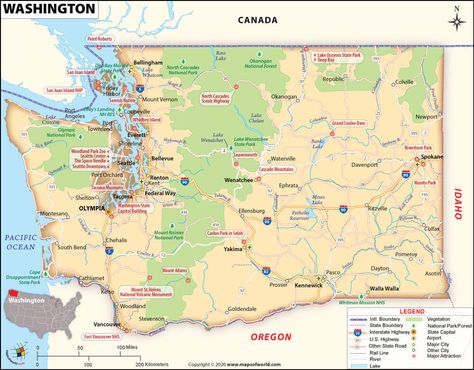 Washington is located in the Pacific Northwest region of the USA. The state shares its borders with Oregon and Idaho. The Pacific Ocean lies to the west of the state. In terms of area, it is the 18th largest state in the US. #Washington #50States #Geography #K12 #Facts #Map Washington State Map, Washington State History, Washington Trip, Washington Map, Social Studies Notebook, American History Lessons, Wa State, Evergreen State, State Of Oregon