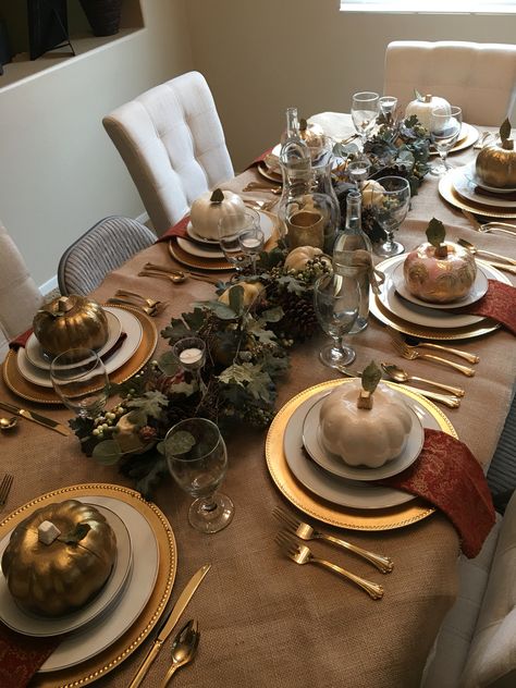 Happy thanksgiving dollar tree pumpkins Ivory Thanksgiving Table, Thanksgiving Formal Table Settings, Fall Table Settings Dollar Tree, Dollar Tree Thanksgiving Table Setting, Dollar Store Thanksgiving Table, Dollar Tree Thanksgiving, Friendsgiving Table Setting, Fall Candle Decor, Thanksgiving Table Setting