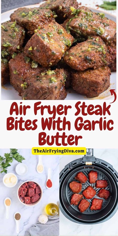 Air Fryer Steak Bites With Garlic Butter, a simple and delicious appetizer or meal recipe featuring tender meat cooked to perfection. Steak Bites With Garlic Butter, Air Fried Steak, Air Fryer Steak Bites, Air Fry Steak, Asian Steak, Healthy Steak, New Air Fryer Recipes, Steak Bites Recipe, Air Fryer Steak