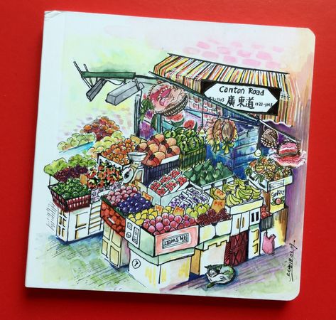 Fruit stall #ink #watercolour #ekodraw 180329 Fruit Stall Drawing, Stall Illustration, Fruit Stall, Fruits Drawing, Fruit Shop, Still Life Fruit, Watercolor Fruit, Food Stall, Market Shopping