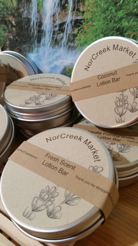 Tin Candle Packaging, Candle Tins Packaging, Natural Cosmetics Packaging, Lotion Bars Diy, Handmade Soap Recipes, Lip Balm Labels, Business Branding Inspiration, Jar Packaging, Hand Painted Candles