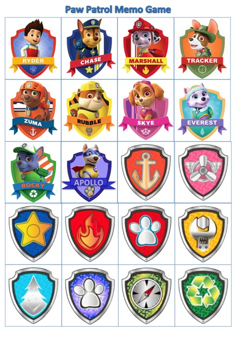 Paw Patrol - Pup-badge memo game Paw Patrol Pup Tags, Pow Patrol Birthday Theme, Paw Patrol Badges Printable Free, Paw Patrol Crafts, Paw Patrol Badge Printable, Birthday Party Games Ideas, Paw Patrol Party Printables, Paw Patrol Party Ideas, Paw Patrol Theme Party