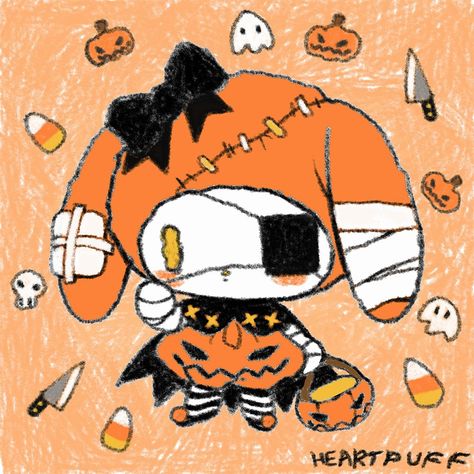 My Sweet Piano Halloween, My Melody Halloween Pfp, Halloween Aesthetic Doodles, Kawaii Pumpkin Painting, Pink Halloween Pfp, Cutecore Halloween, Creepy Hello Kitty, My Melody Pumpkin, Halloween My Melody