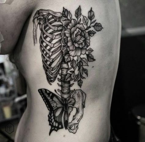 TATTOOS Skeleton Flower Tattoo Rib Cage, Floral Nurse Tattoo, Flower And Bones Tattoo, Skeleton Tattoos For Women, Nursing Tattoos For Women, Skeletal Tattoo, Floral Skull Tattoos, Future Artwork, Side Tat