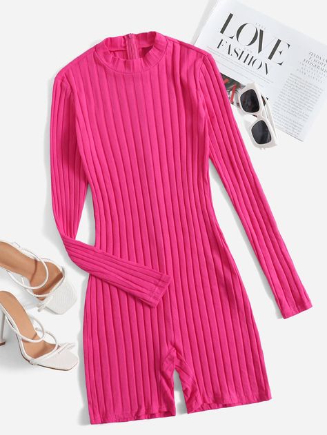 SHEIN Mock Neck Ribbed Knit Romper Comfy Jumpsuits, Knit Romper, Knit Jumpsuit, Plain Tees, Knitted Romper, Outfits Casuales, Anton, Rompers Women, Tulum