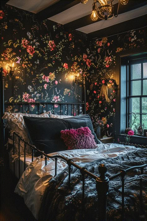 Red And Black Bedding, Goth Bedroom Ideas, Dark Stained Wood Floors, Spooky Room, Whimsy Goth Bedroom, Houses Inside, Dark Floral Wallpaper, Wrought Iron Bed Frames, Goth House