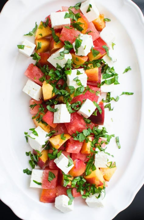 Simple Side: Cubed Watermelon, Peach, and Feta Salad Beautiful Salad, Peach Salad, Feta Salad, Watermelon Recipes, Summer Dinner, Simple Recipe, Summer Salads, Delicious Salads, Soup And Salad