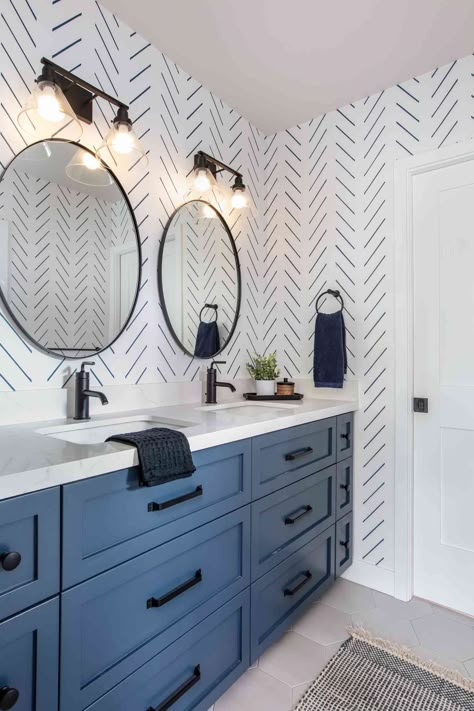 Dark Navy Bathroom Ideas, Bathroom Decor Blue Vanity, Rustic Blue Bathroom Ideas, Blue Farmhouse Bathroom Ideas, Bathroom Design With Blue Vanity, Navy Bathroom Accent Wall, Guest Bathroom Blue Vanity, White Bathroom Colorful Accents, Bathrooms With Navy Cabinets