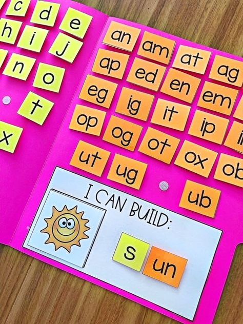 CVC Word Builder Activity. Want a fun activity for students to practice building CVC words? This activity is a perfect addition to literacy centers, intervention programs and so much more. There are 72 picture cards included which cover short a, short e, short i, short o and short u words. Simple print and laminate the pieces and attach to a file folder using Velcro dots. I highly recommend laminating or covering the file folder in clear contact paper to ensure durability. An optional worksheet Cvc Activities, Cvc Word, Language Art, Teaching Phonics, Word Activities, Kindergarten Literacy, Phonics Activities, Kindergarten Reading, Cvc Words