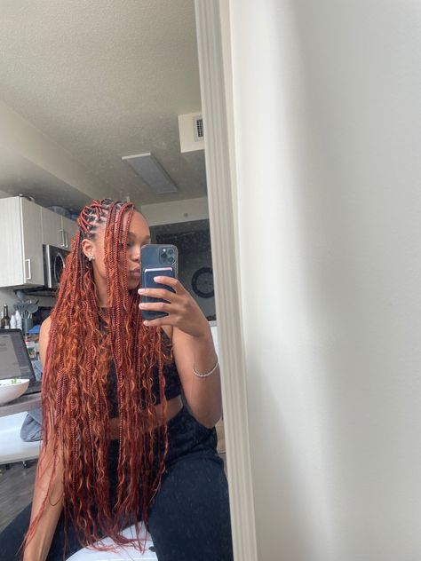 Colored Braids Hairstyles For Black Women, Burnt Orange Goddess Braids, Ginger Black Braids, Small Ginger Knotless Braids With Curly Ends, Ginger Red Boho Braids, 350 Locs Black Women, Red Knotless Goddess Braids, Boho Knotless Braids Auburn, Ginger Red Knotless Braids