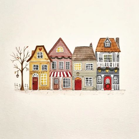 Winter Houses Drawings, Cute House Watercolor, Snow House Drawing, Whimsical House Drawing, Watercolour Houses, Christmas House Painting, House Illustrations, Houses Drawing, Christmas House Drawing