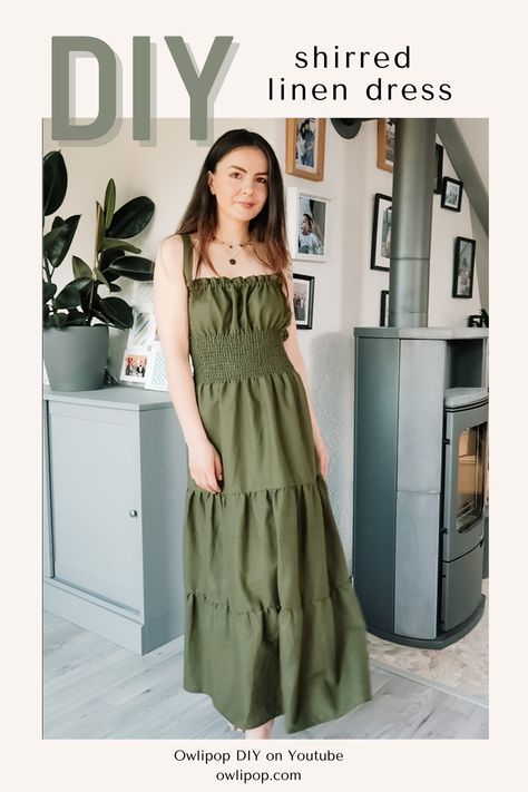 Dress With Shirred Waist, Tiered Maxi Dress Sewing Pattern, Shirring Dress Pattern, Tier Dress Pattern, Diy Linen Dress, Shirred Dress Pattern, Sewing Wardrobe, Homemade Wardrobe, Dress From Scratch