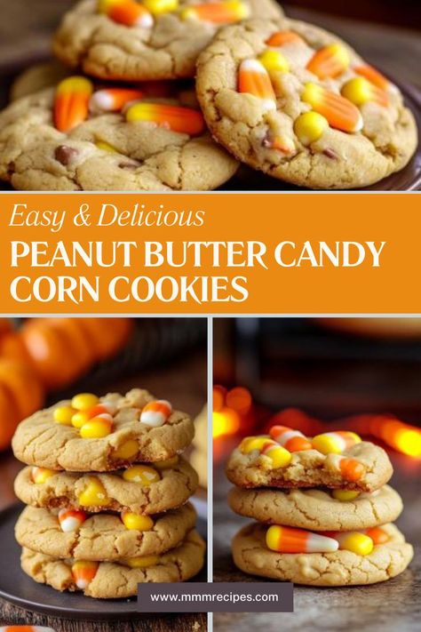 Peanut butter cookies meet candy corn for the ultimate fall treat! These cookies are soft, chewy, and filled with seasonal flavor. Ideal for Halloween parties or just a cozy snack, they’re the perfect addition to your fall baking lineup. Click for the recipe and enjoy a bite of autumn bliss! Fall Treats With Candy Corn, Peanut Butter Candy Corn Cookies, Recipe With Candy Corn, Candy Corn Thanksgiving Treats, Candy Corn Cookies Recipe, Recipes Using Candy Corn, Candy Corn Snacks, Recipes With Candy Corn, Candy Corn Dessert Recipes