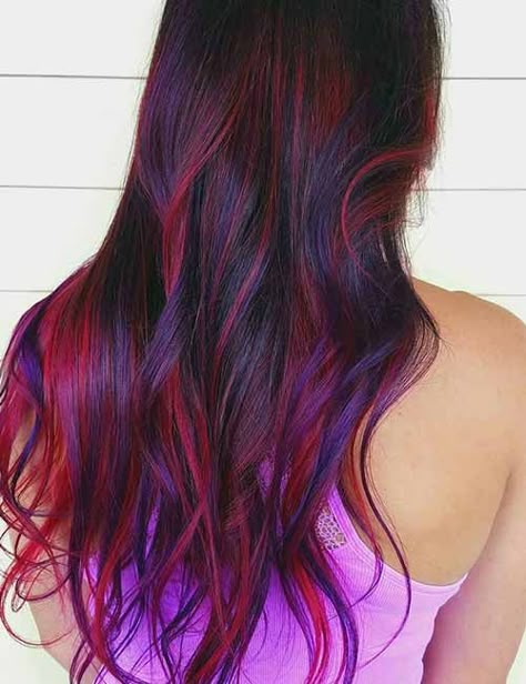 Red And Purple Streaks Hair, Red And Purple Highlights In Brown Hair, Purple Hair Red Highlights, Dark Purple Hair With Pink Highlights, Purple And Red Hair Highlights, Dark Brown Hair With Blonde And Purple Highlights, Magenta Brown Hair, Pink Purple Red Hair, Red Hair Purple Highlights