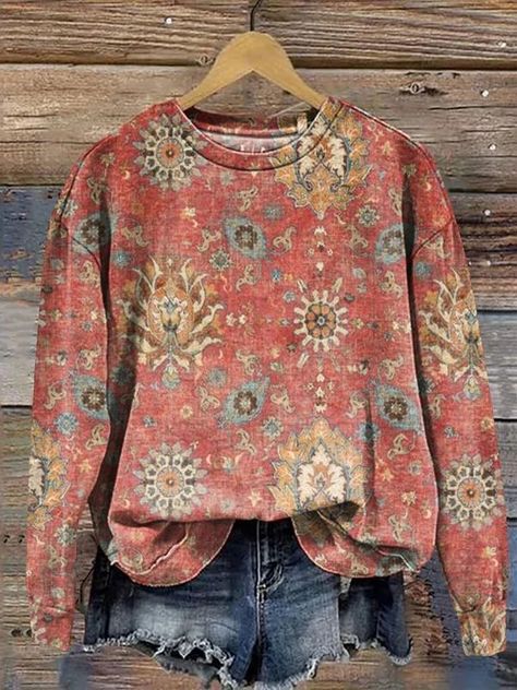 Hippie Sale Boho Fashion Over 50, Sweatshirts For Women, Ethnic Patterns, Beauty Style, Casual Spring, Printed Sleeves, Halloween Women, Neck Pattern, Casual Sweatshirt