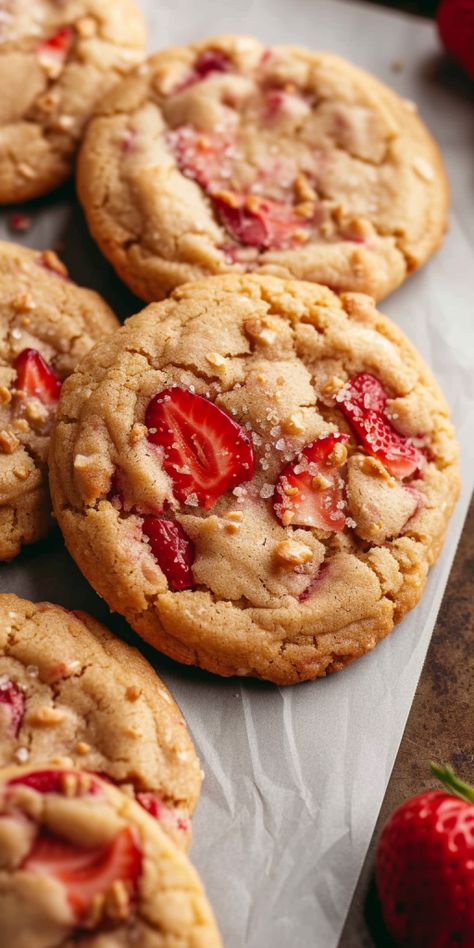 Strawberry Cookies With Fresh Strawberries, Easy Strawberry Cookie Recipes, Strawberry Cookies Fresh Strawberries, Fresh Strawberry Cookie Recipes, Cookies With Fresh Strawberries, Baking Recipes With Fruit, Aesthetic Baked Goods Recipes, Crumbl Strawberry Cookie, Easy Strawberry Cookies