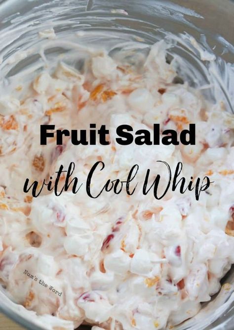 Jello Fruit Salad Recipes Easy, Fruit Cocktail Salad Cool Whip, Easy Fluff Salad Recipes, Fruit Fluff Salad Recipes, Easy Cool Whip Desserts, Fruit Salad Cool Whip, Fruit Salads For Parties, Fruit Fluff Salad, Fruit Salad With Cool Whip