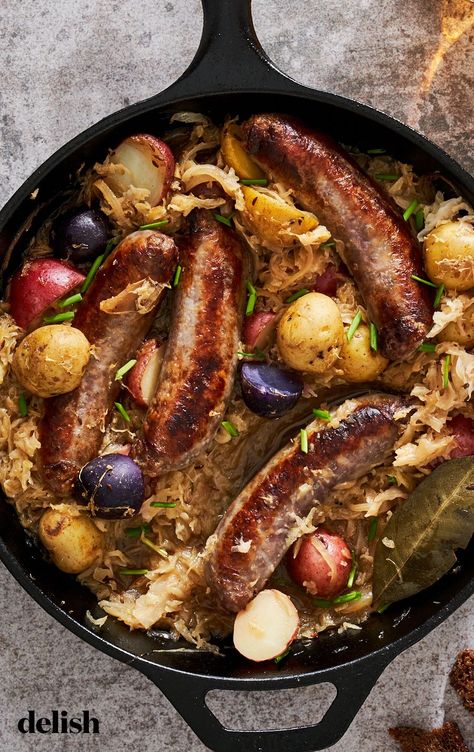 Sausages And Sauerkraut Is THE Coziest One-Pot MealDelish Sausage And Sauerkraut Recipes, Sausage And Sauerkraut, Sausage Sauerkraut, Coconut Rice Recipe, German Cookies, Roasted Pork Tenderloins, Sauerkraut Recipes, Pork Ham, New Year's Food