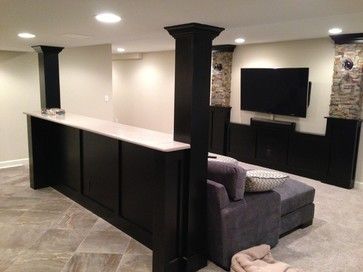 Basement built in cabinets and bars - traditional - basement - chicago - Hogan Design & Construction (HDC) Basement Entertainment, Basement Home Theater, Dream Basement, Basement Layout, Basement Finishing, Basement Playroom, Basement Reno, Basement Inspiration, Basement House