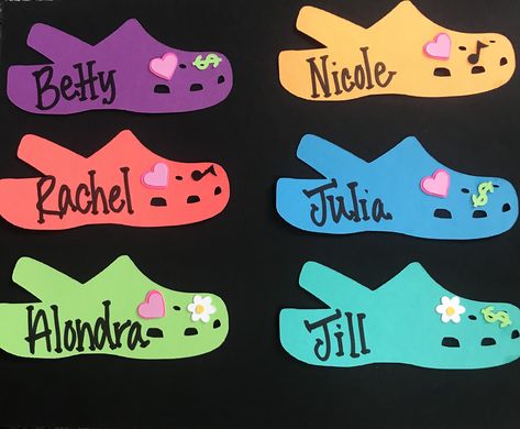 Croc Door Tags RA Reslife Residents Assistant Easy Simple Cute Croc Door Decs, Door Decs Dorm, Cubby Tag Ideas, Summer Cubby Tags Preschool, Croc Bulletin Board, Door Decks Ra, Dorm Tags Ra Door Decs, Summer Door Decs Ra, Dorm Door Decs