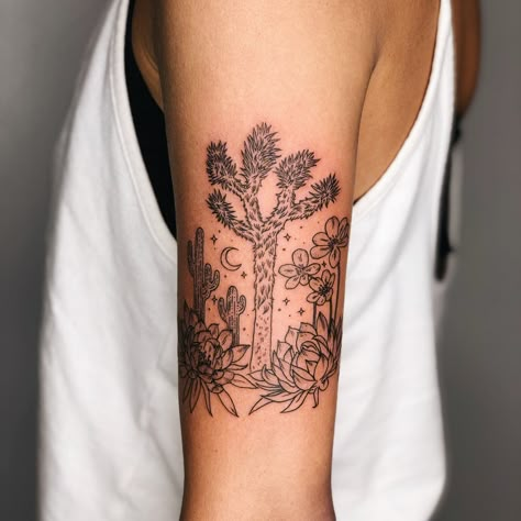 Desert Plant Tattoo, Desert Tattoos For Women, Desert Tattoo Sleeve, Desert Landscape Tattoo, Desert Scene Tattoo, Desert Flower Tattoo, Desert Tattoo Ideas, Desert Tattoos, Joshua Tree Tattoo