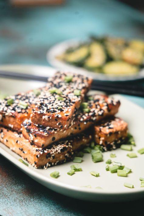 Sesame Crusted Tofu - Playful Cooking Sesame Crusted Tofu, Beetroot And Carrot Salad, Crusted Tofu, How To Press Tofu, Pickled Veggies, Crispy Tofu, Carrot Salad, Bean Curd, Steamed Rice