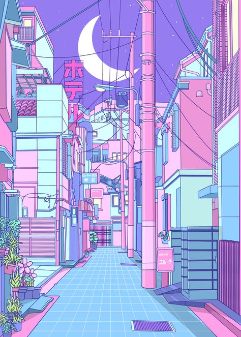 Neon City, 80s Neon, Vaporwave Art, Kawaii Room Decor, Kawaii Room, Korean Street, Home Poster, Kids Art Prints, City Street