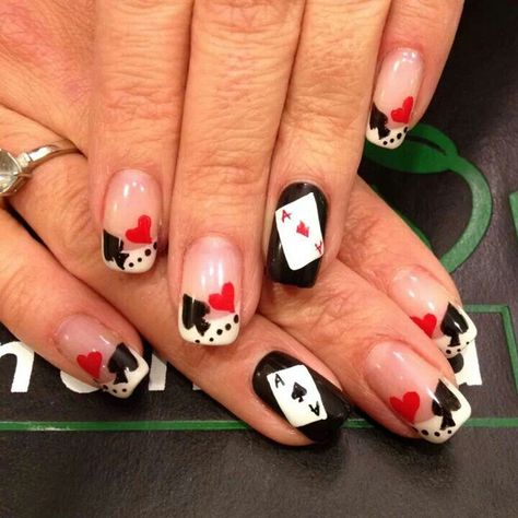 Casino nails Gambling Nail Designs, Casino Nails Designs 777, Casino Nail Art, Las Vegas Themed Nails, Casino Themed Nails, James Bond Nails, Card Nails Design, Card Nail Designs, Deck Of Cards Nails