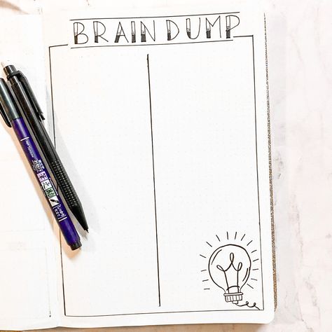 Journal, title says brain dump, doodle of a light bulb, black and white Bullet Journal Brain Dump Layout, Bujo Brain Dump, Journal Brain Dump, Brain Dump Bullet Journal, Bullet Journal Topics, 2024 Journal, Bullet Journal Minimalist, Bulletin Journal, Journal Topics