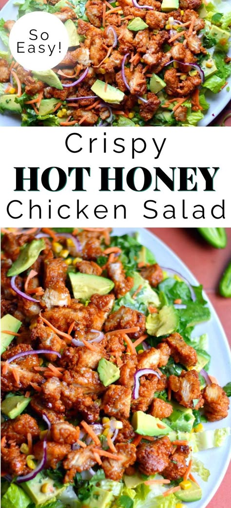 Sweet honey with spicy cayenne pepper, let me introduce you to my crispy hot honey chicken salad. It’s my favorite, favorite, favorite salad inspired by my love of sweet and spicy flavors, crispy chicken, and super easy and nourishing high-protein meals. I have made this chicken salad no less than 10 times in the last month and I already can’t wait to make it again! Hot Honey Vinaigrette, Hot Honey Chicken Salad, Chicken Breast Salad Recipe, Chicken Salad With Yogurt, Honey Chicken Salad, Salad With Yogurt Dressing, Chicken Tender Salad, Chicken Breast Salad, Crispy Chicken Salads